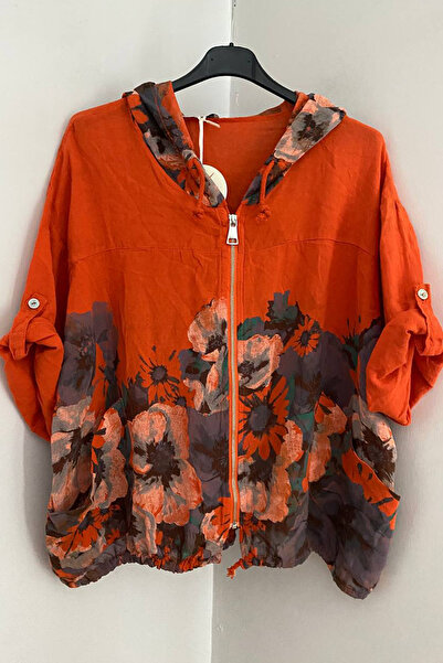 AYASOFYA OTANTIK Women's Italian Orange Ethnic Floral Pattern Hooded Zipper C...