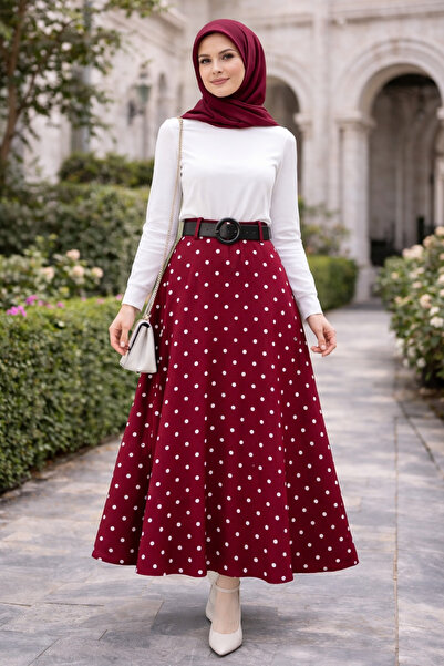 ŞIK VE MUTLU Polka Dot Hijab Belted Bell Model Chiffon Skirt