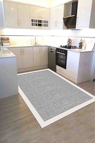 VOPTEKS Gri Beyaz Halı Mutfak Halısı Makinede Yıkanabilir Halı Kaymaz Taban Halı