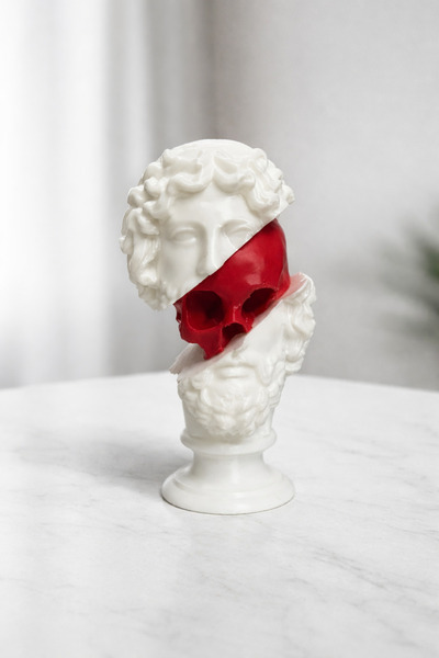 joybaskı Dekoratif Zeus Büst Biblo – Kırmızı Kafatası Detaylı Modern Heykel