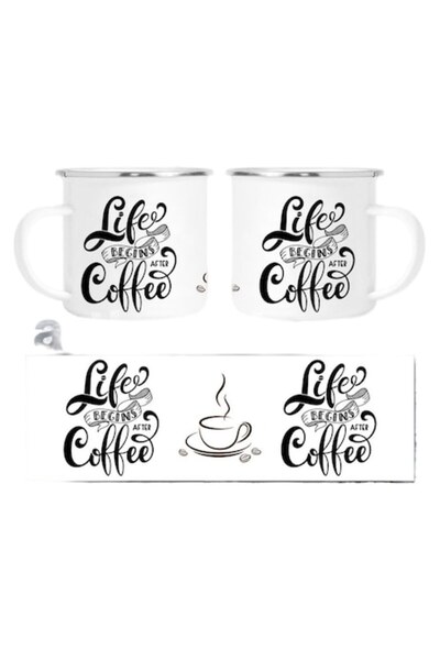 OEM Cană personalizată emailată albă cu dedicația „Viața începe după cafea”