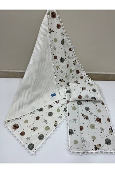 BUSEBABYHOME Poplin Fabric and Pompom Bottom Cover, Pillow and Blanket Set of 3