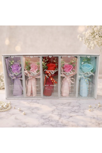 velve Set of 5 mixed bouquets with soap roses in acetophan box with greenery ...