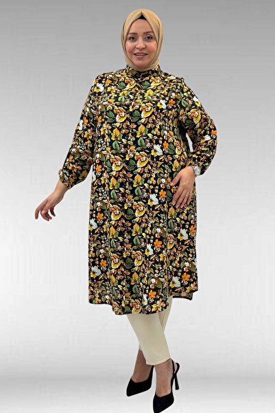 Eslina 68014 Büyük Beden Hakimyaka Çift Düğmeli Mango Tunik - Desenli Siyah