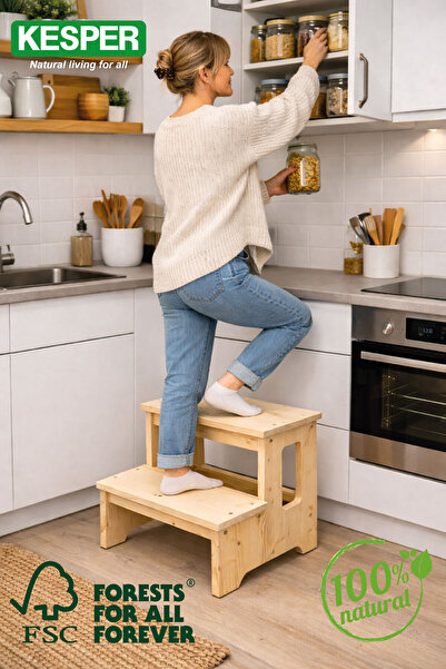 Kesper Masif Ladin Ahşap 2 Basamaklı Mutfak Taburesi Merdiven | Yetişkin & Ço...