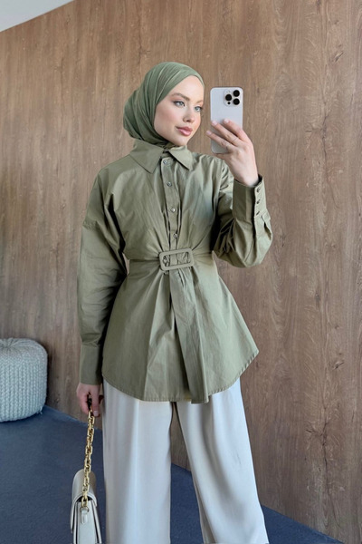 Şulemoda Giyim قميص بإبزيم أخضر زيتي
