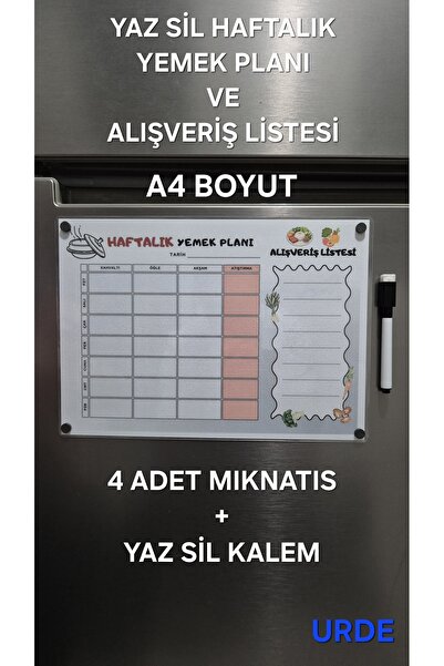 URDE Yaz Sil A4 Haftalık Yemek Planı ve Alışveriş Listesi Magnet– Buzdolabı İ...