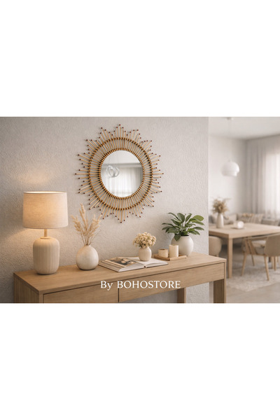 BOHEM Yuvarlak Dekoratif Duvar Aynası 70cm Hasır Tasarım – Salon Antre Oturma...