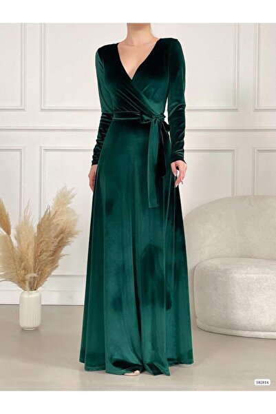 Modafeminen Σμαραγδί διπλόκουμπο βελούδινο μακρύ φόρεμα με γιακά και δέσιμο σ...