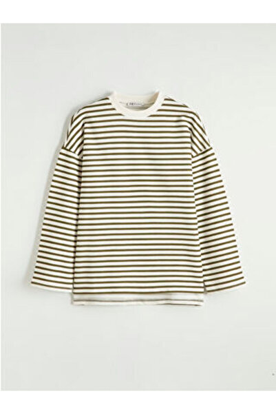 LC Waikiki Khaki Women's Oversized Fit Striped Sweatshirt Tunic