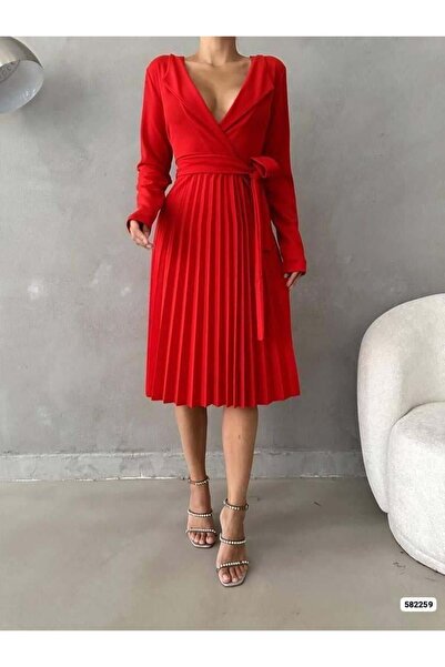 LC Waikiki Dugačka haljina sa dugim rukavima Krep od plisirane tkanine Kaiš c...