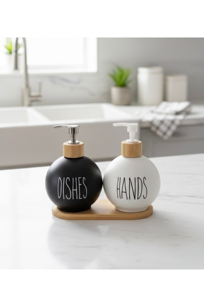 Butik Center Matte Ceramic Double Liquid Soap Dispenser Set with Bamboo Stand...