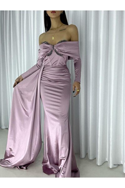 Modafeminen Off-the-shoulder stone embellished satin evening gown - dusty ros...
