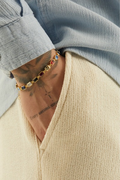 Fjellor MONARCH 925 Ayar 14K Altın Kaplama Gümüş Çok Renkli Grande Baget Taşl...