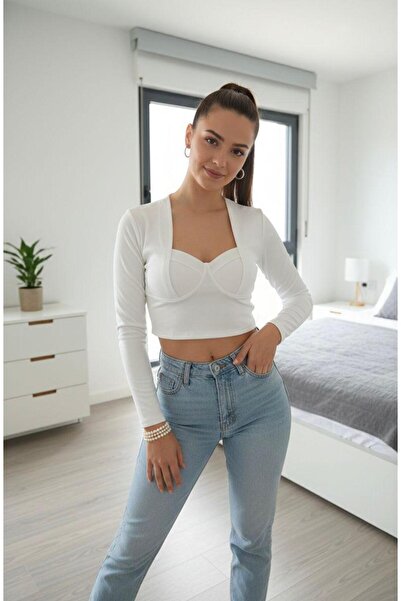 auraboutique Women's Ecru Long Sleeve Crop Blouse Heart Collar Fit Cut Stylis...