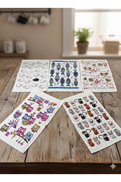 ÖZteks 30-50 cm (5 Pieces) Printed Velvet Kitchen Towel & Hand and Face Towel