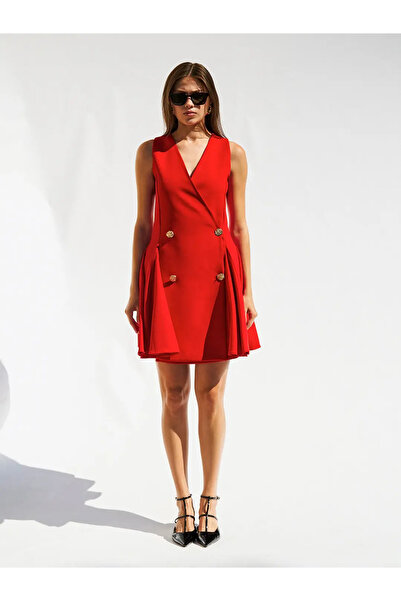 Caddebostan Moda V-Neck Sleeveless Mini Button Detailed Flared Dress