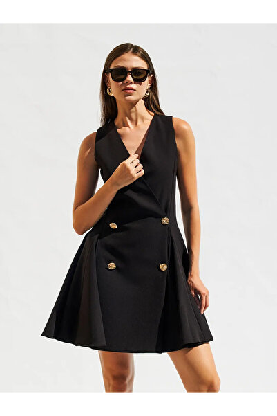 Caddebostan Moda V-Neck Sleeveless Mini Button Detailed Flared Dress