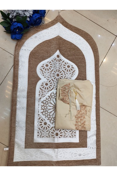 RUG طقم صلاة بلون بني فاتح، يشمل سجادة فخمة وشرشف صلاة بيج مطرز بالخيوط البني...