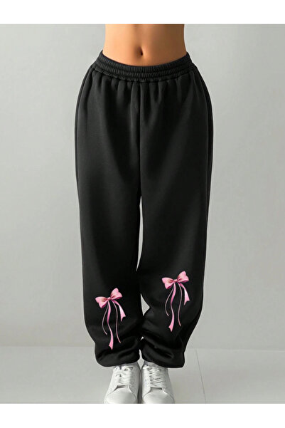 Oceanwear Bowknot Printed Elastic Leg Wide Cut Black Women's Sweatpants