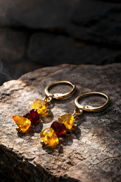 NBS Beautiful Naturel Stones Kehribar Kadın Küpe Kaliteli Altın Kaplama Kapam...