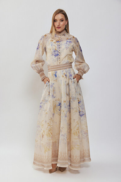 Julidress Patterned Sleeves, Gipe Detailed Shirt and Maxi Skirt Premium Desig...