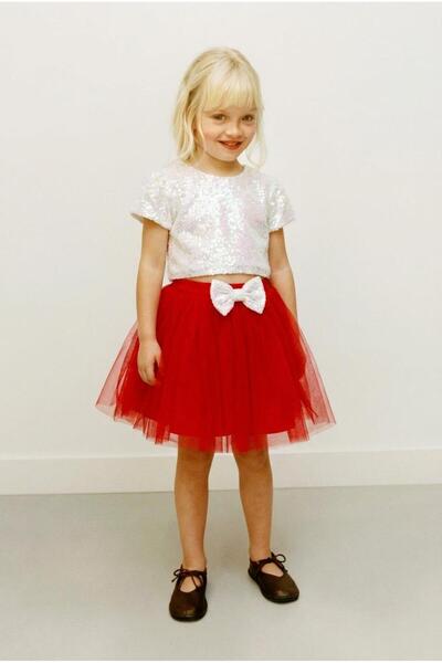 Magu Girl's Cotton Ecru Sequined Crop Top and Red Tulle Skirt Set