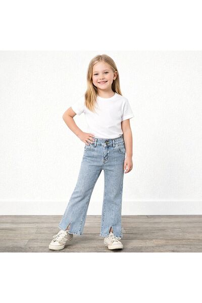 YİGİT BUTİK Модерни момичешки панталони с разрез от светлосин деним