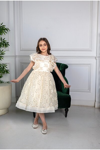 Generic فستان بناتي أوف وايت فاخر بتطريز فراشات ثلاثي الأبعاد للمناسبات