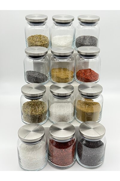 LİNGO HOME 12 Pieces of Metal Lid Vacuum Glass Spice Jar Stainless Steel -Lab...