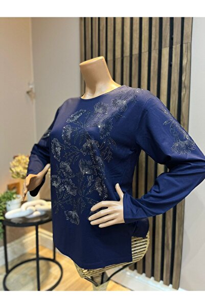 AKMAVİ Kadın Orta Yaş Ve Üzeri Turlu Viskon Orkide Taşlı Anne Penye Bluz