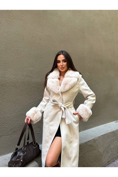 Maxi modena Premium Fur Collar and Fur Cuff Belted Long Cashmere Coat