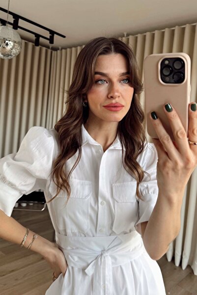 Sue Store White Balloon Sleeve Corset Detailed Shirt Dress