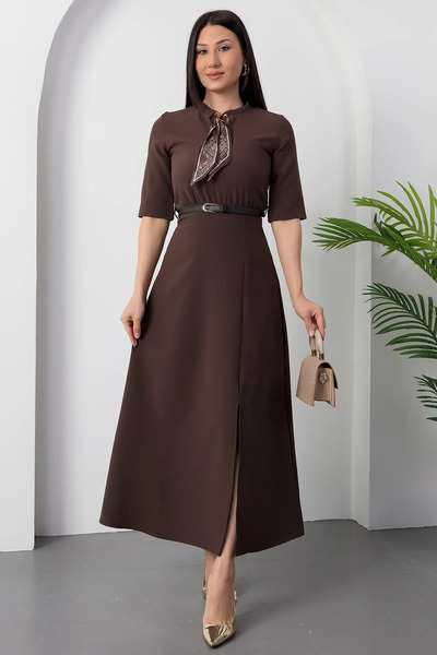 civetta Women's Short Sleeve Maxi Dress with Scarf and Belt Detail and Front ...