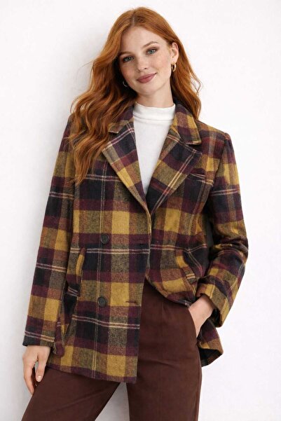 Foola Moda Yün Ağırlıklı Ekose Blazer Ceket Kadın Kışlık Oversize Kaşe Ceket ...
