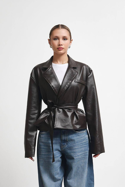 Bossago Women's High-Quality Leather Jacket - Vortex Waist Tie Detail Double-...