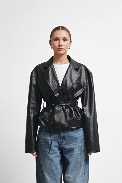 Bossago Women's High-Quality Leather Jacket - Vortex Waist Tie Detail Double-...