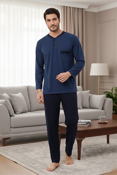 Lohusa Homewear Men's Indigo Special Design Long Sleeve Buttoned 100% Cotton ...