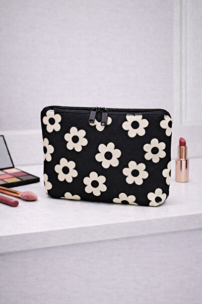 Paris Home Minimal Daisy Patterned Makeup Bag – Zippered, Bellows-Style Cosme...