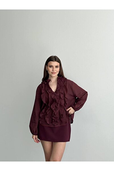 Ekim Store Ruffled V-Neck Tulle Blouse