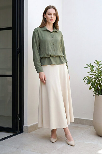 MODAQU Elastic Waist Flared Imported Crepe Beige Skirt