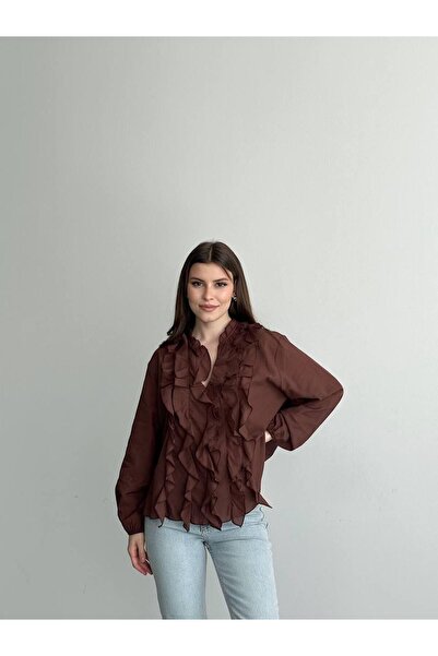 Ekim Store Ruffled V-Neck Tulle Blouse