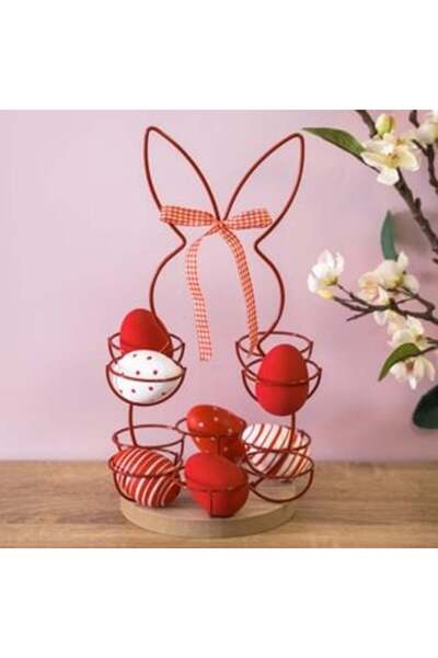 victiny Red Metal Bunny-Shaped Holder with Checkered Ribbon for 10 Easter Egg...