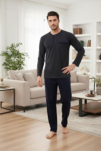 Lohusa Homewear Men's Smoked Special Design Long Sleeve Buttoned 100% Cotton ...