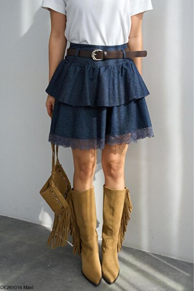 CADDELAMODA Women's Belted Lace Detailed Jean Skirt with Inner Lining Shorts