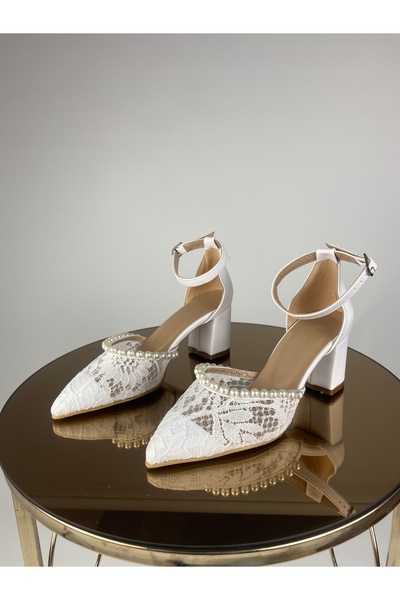 Gloriys Ayakkabı & Çanta White Lace and Pearl 6 cm Heel Engagement Wedding Br...
