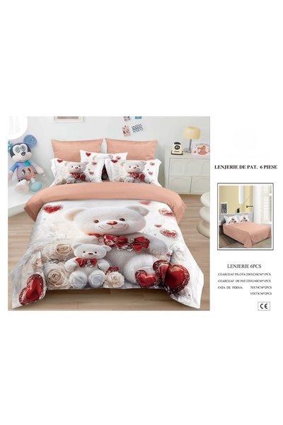 FIONNA.RO Finet 6-Piece 5D Duvet Cover Set - Pink With Teddy Bears And Hearts
