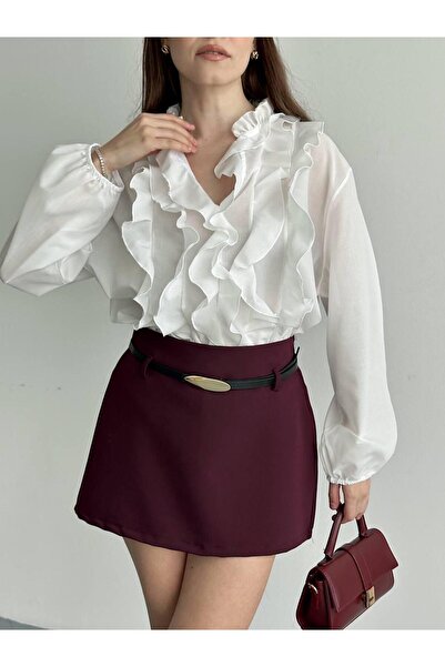 Ekim Store Ruffled V-Neck Tulle Blouse