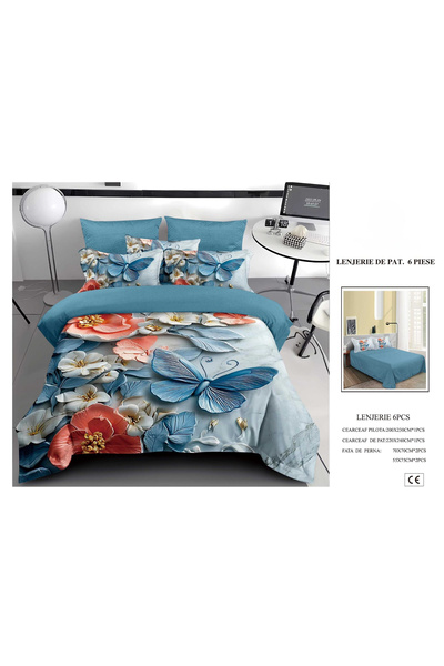 FIONNA.RO Finet Duvet Cover Set 6 Pieces 5D - Blue With Flowers And Butterflies