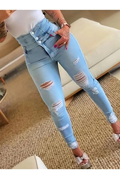 Kanonik Education    Women's High Waisted Buttoned Front Ripped Detailed Jeans